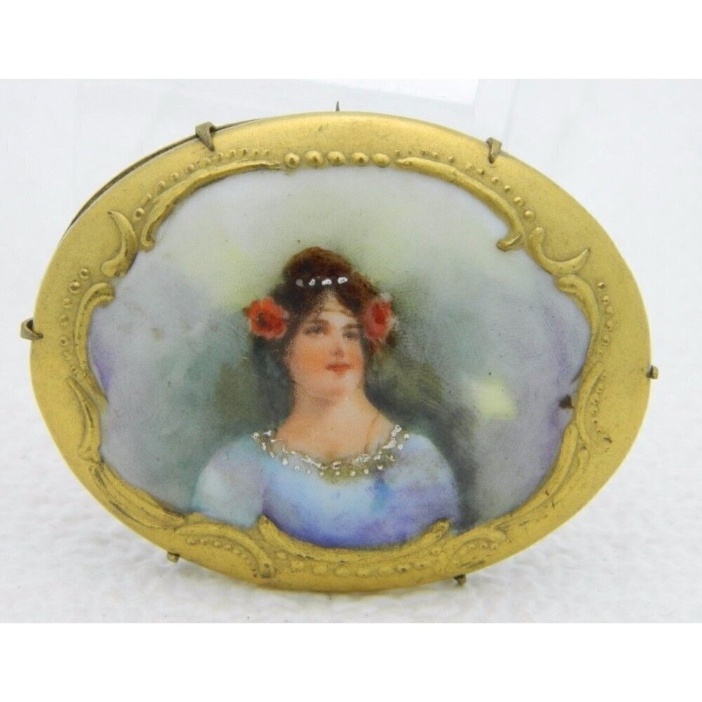 Antique Vintage Gold Tone Hand Painted Porcelain Art Nouveau Lady Brooch Pin